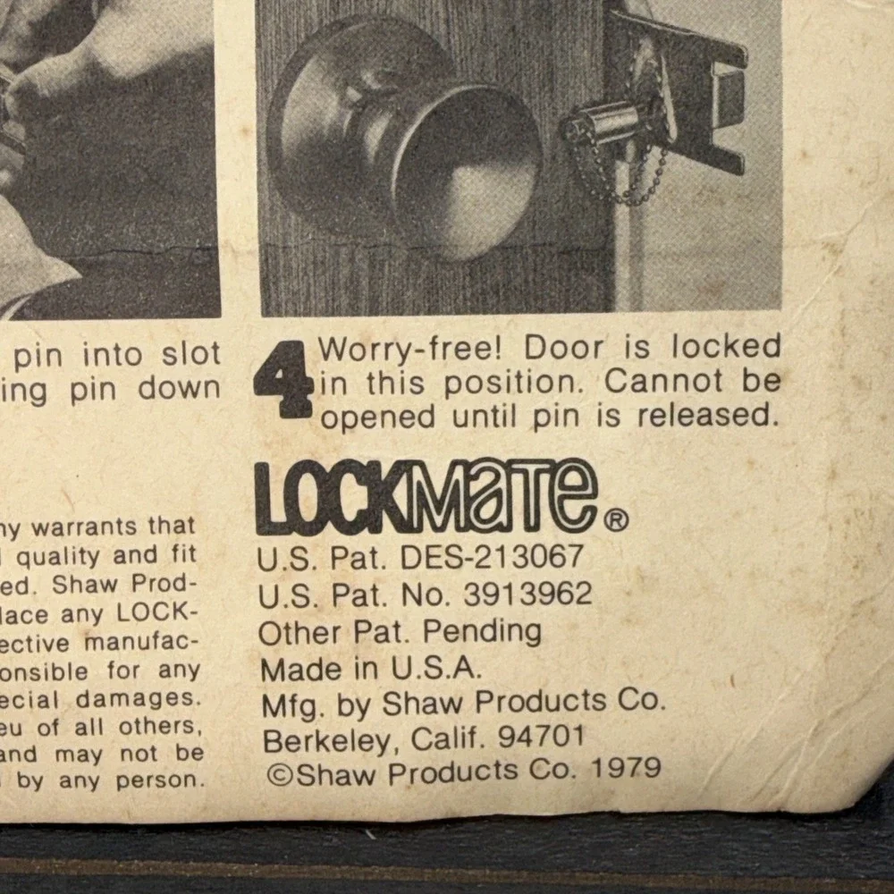 Lockmate Vintage Shaw Products Portable Security Door Lock New Old Stock 1970's